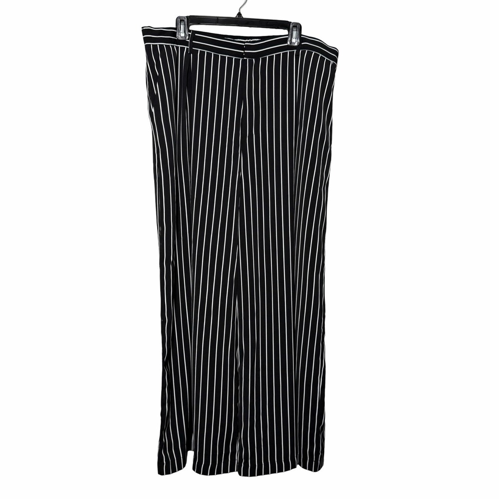 Tronjori Wide Leg Pants Womens 1X Black White Pinstripe Career Pull On Old Money